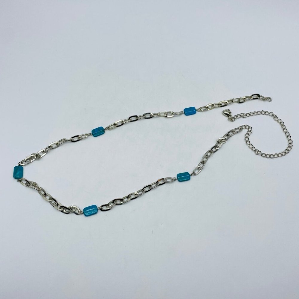Vintage Silver Tone Metal Faux Turquoise Woman Thin Chain Belt Woman